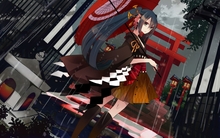 boots vocaloid rain hatsune miku blue eyes long hair outdoors blue hair shrine twintails umbrellas j Wallpaper